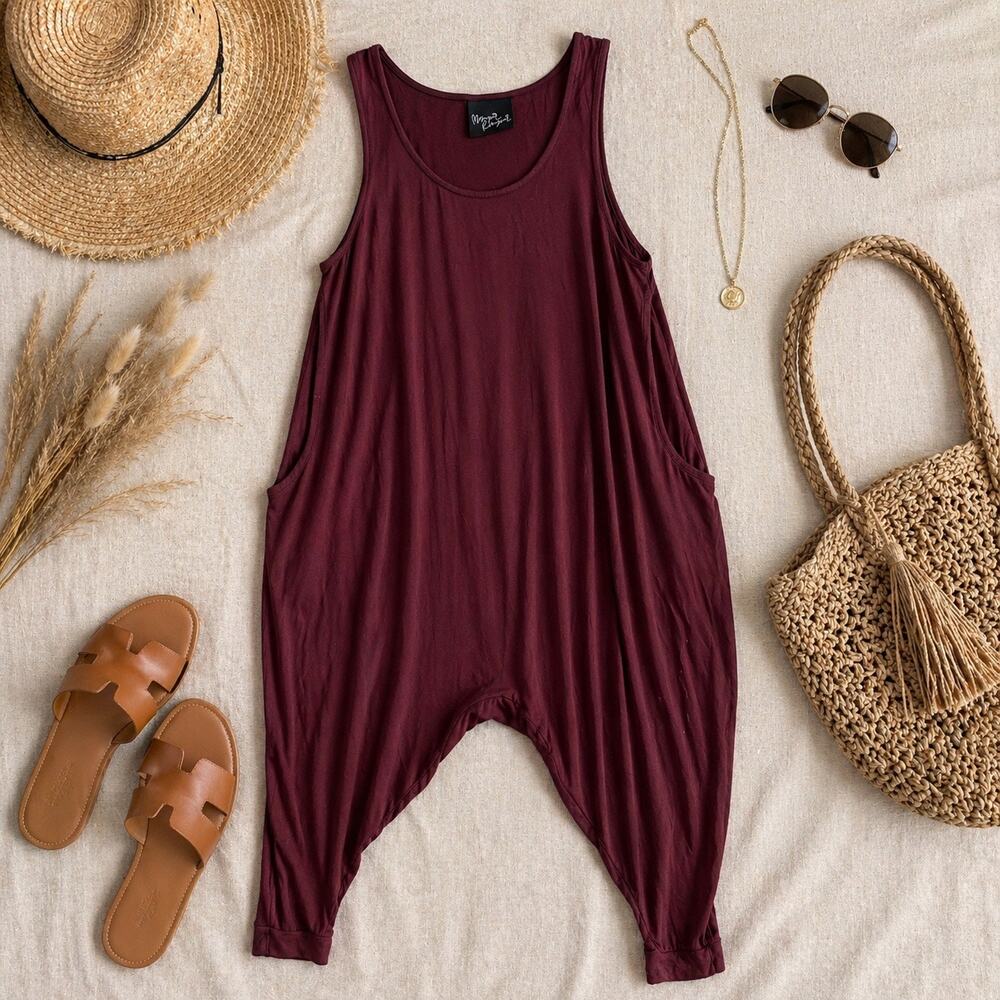 Momper Romper Burgundy Terracotta Harem Jumpsuit Pockets Boho Lounge Travel XS
